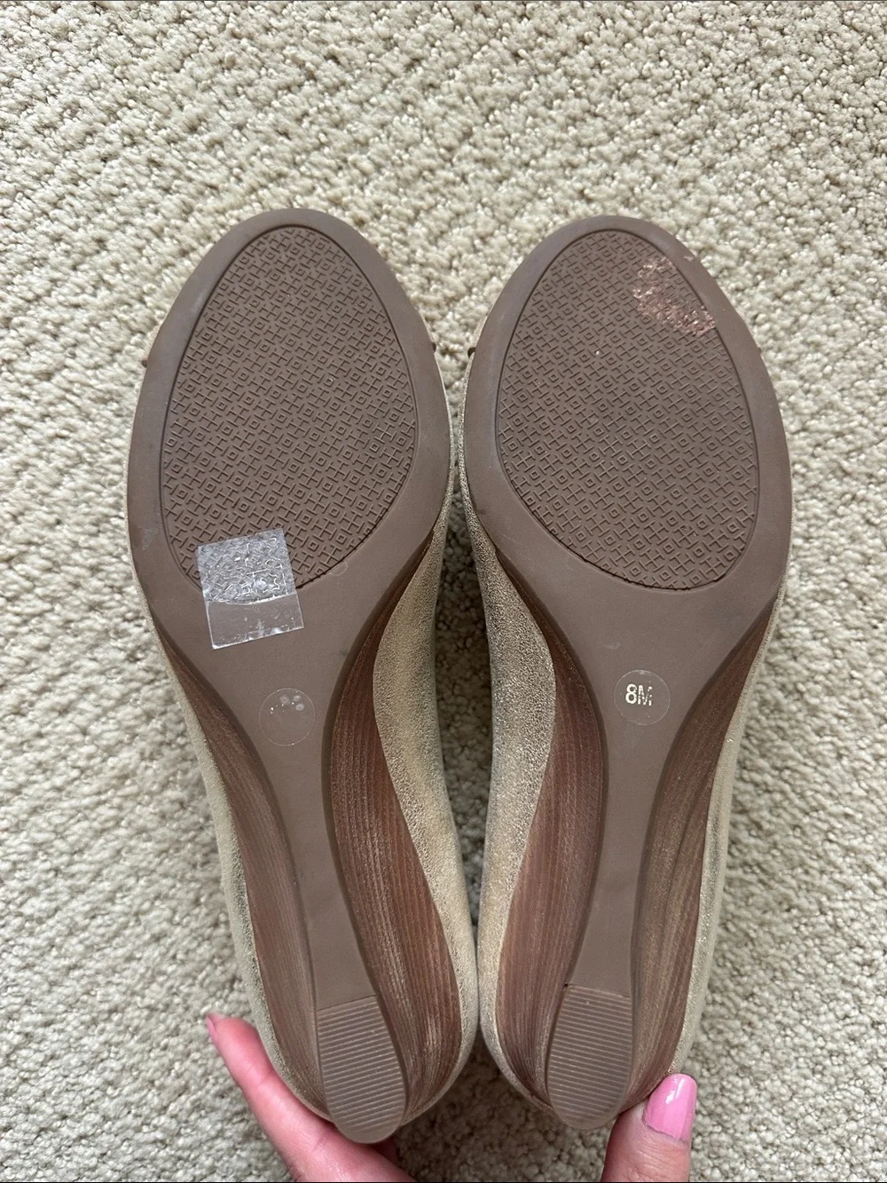 Tory Burch Leather Champagne Gold Metallic Wedge Heels with Tory Logo Size 8
